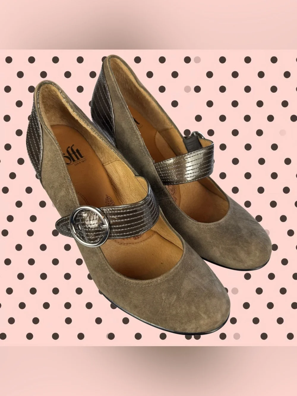 Sofft Leather And Suede Mary Jane Pumps Mid Heel Buckle Strap Brown 6.5 Comfort